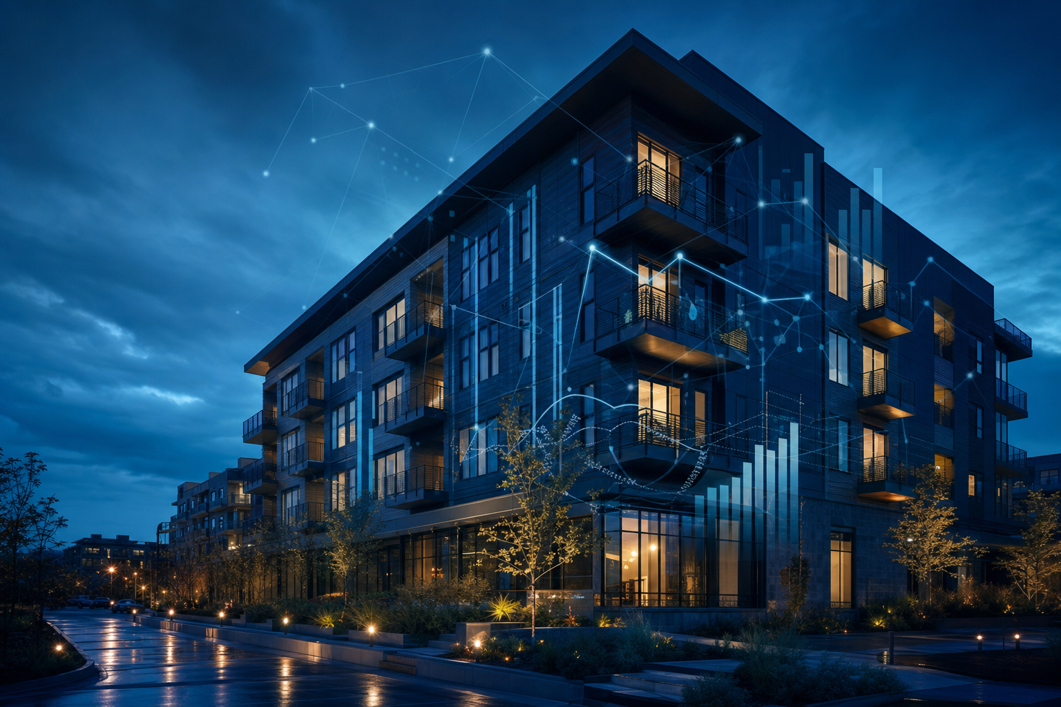 Modern multifamily apartment building at blue hour with AI data overlays
